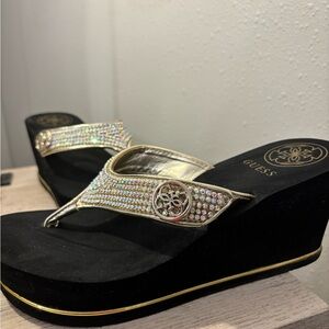 Guess Black and Gold Wedge Sandals